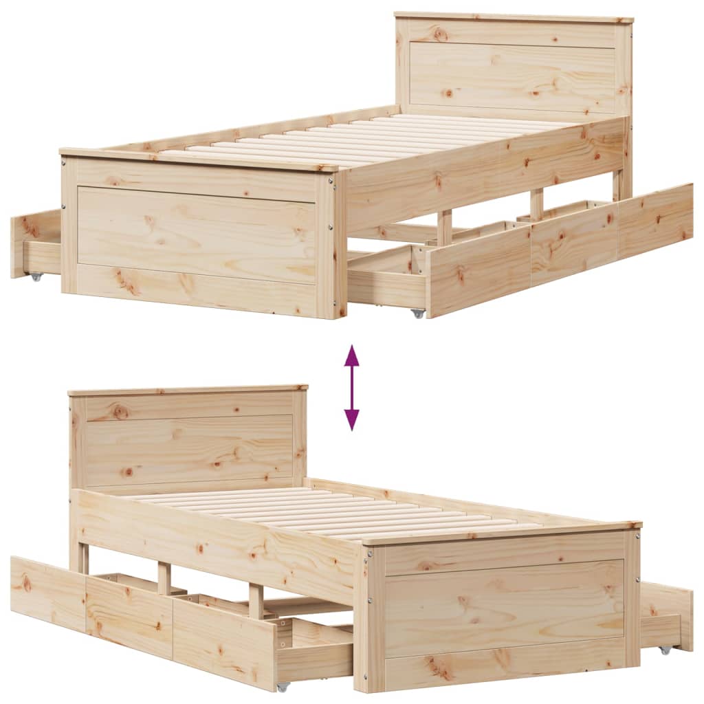 Rustic Wooden Single Size 90cm Bed Frame Base With Storage Drawers & Headboard