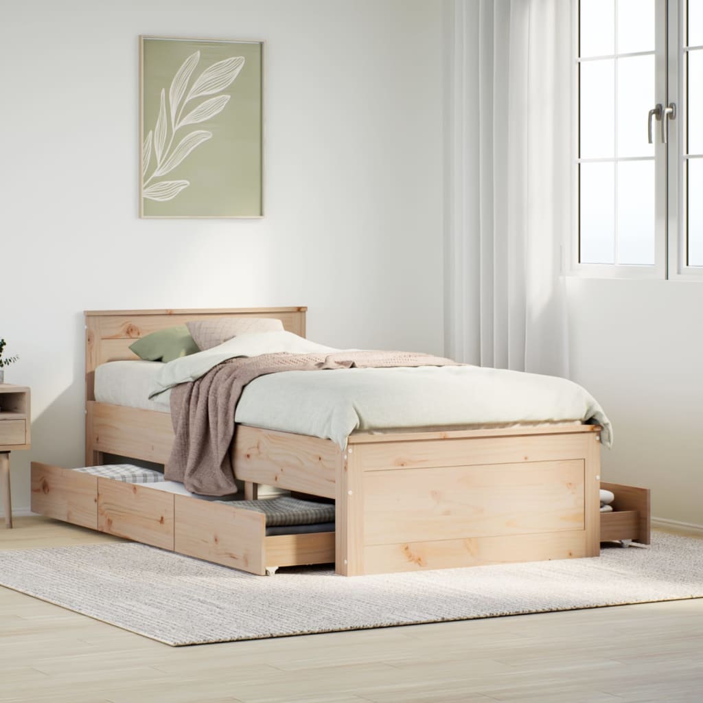 Rustic Wooden Single Size 90cm Bed Frame Base With Storage Drawers & Headboard