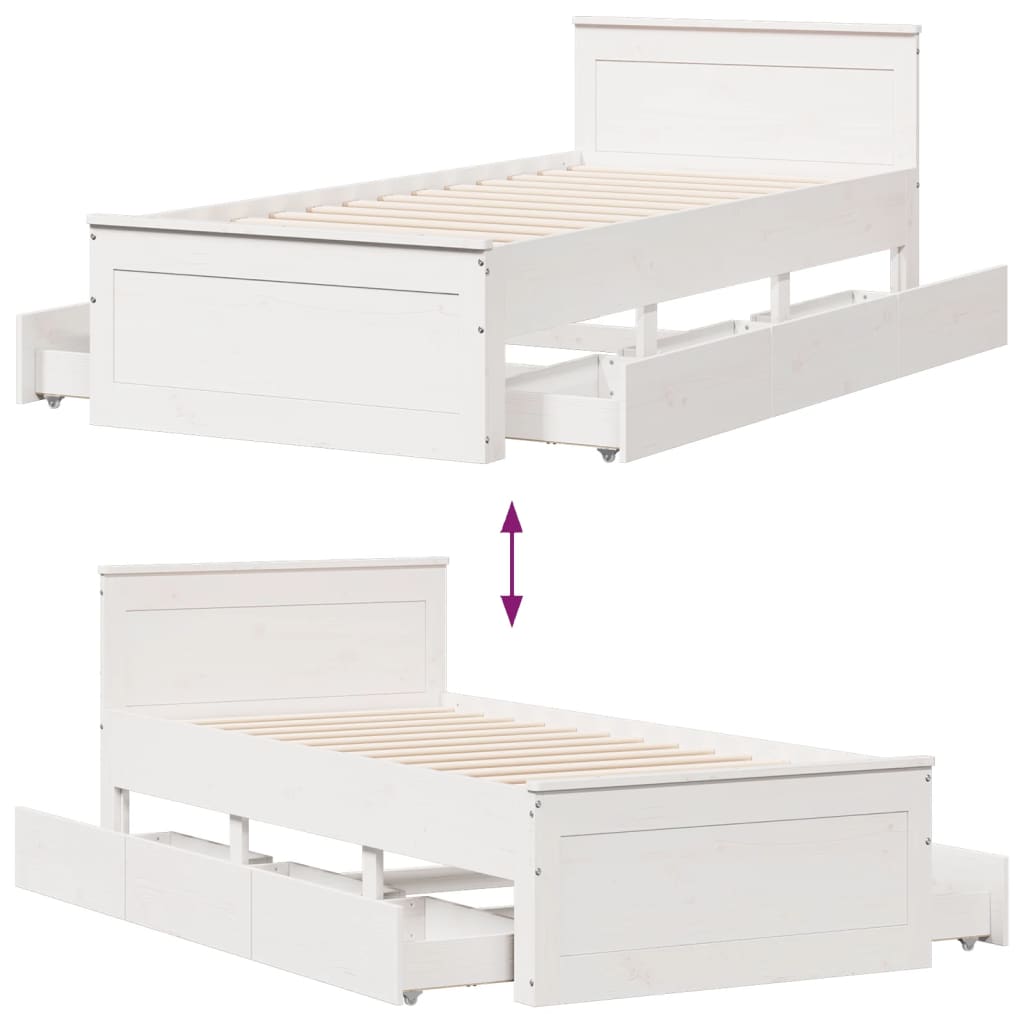 Rustic Wooden Single Size 90cm Bed Frame Base With Storage Drawers & Headboard