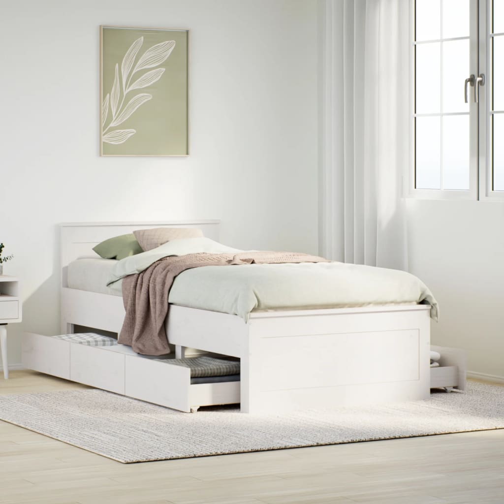 Rustic Wooden Single Size 90cm Bed Frame Base With Storage Drawers & Headboard