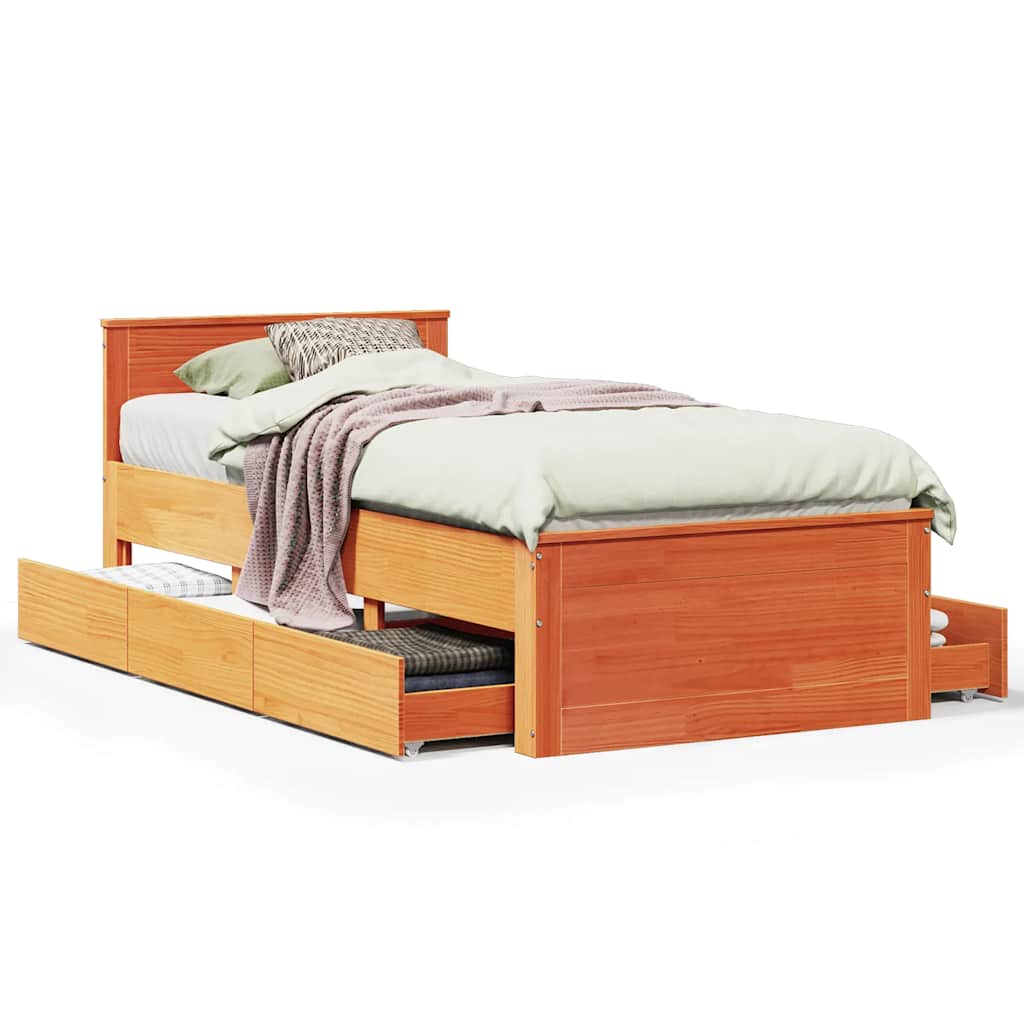 Rustic Wooden Single Size 90cm Bed Frame Base With Storage Drawers & Headboard