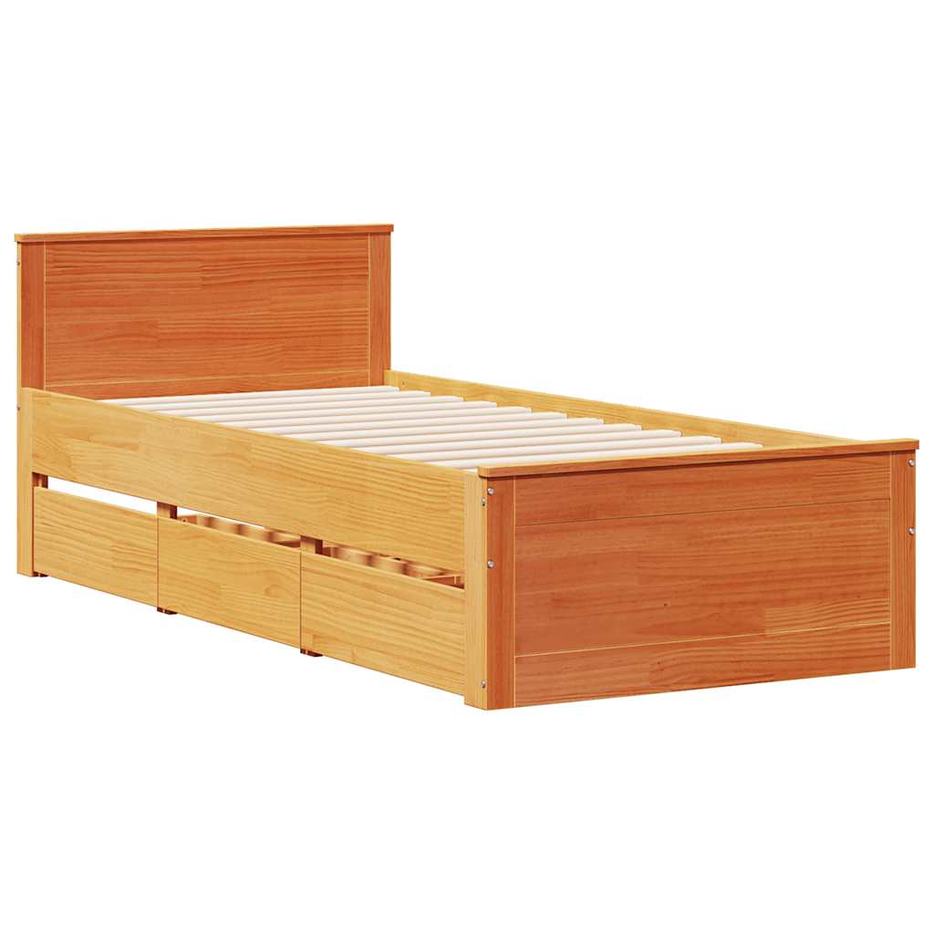 Rustic Wooden Single Size 90cm Bed Frame Base With Storage Drawers & Headboard