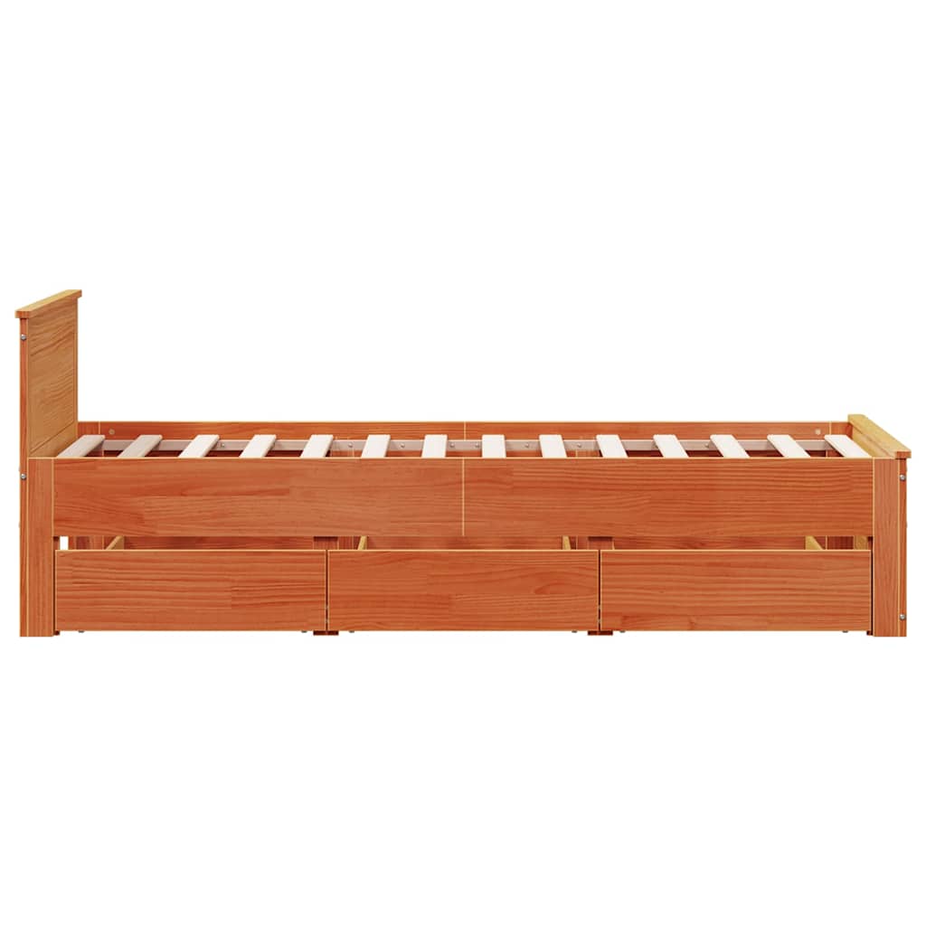 Rustic Wooden Single Size 90cm Bed Frame Base With Storage Drawers & Headboard