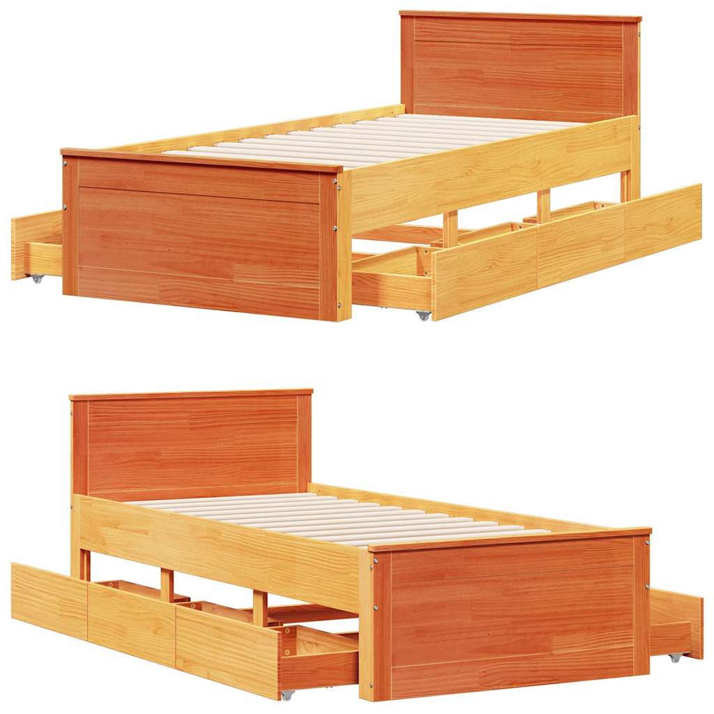 Rustic Wooden Single Size 90cm Bed Frame Base With Storage Drawers & Headboard