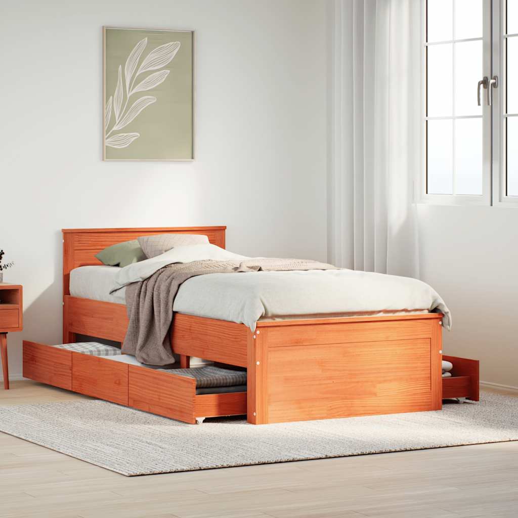 Rustic Wooden Single Size 90cm Bed Frame Base With Storage Drawers & Headboard