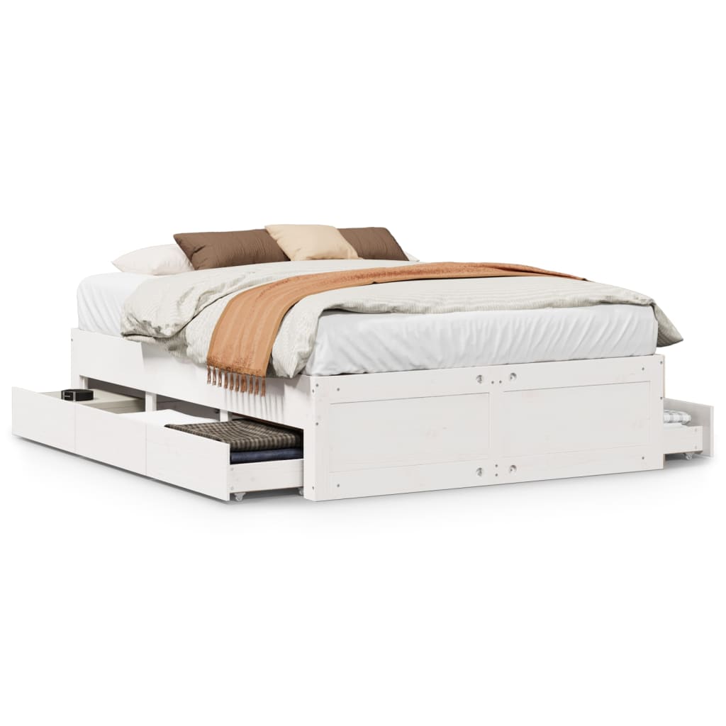 Bed Frame without Mattress with Drawers White 150x200 cm King Size Solid Wood Pine