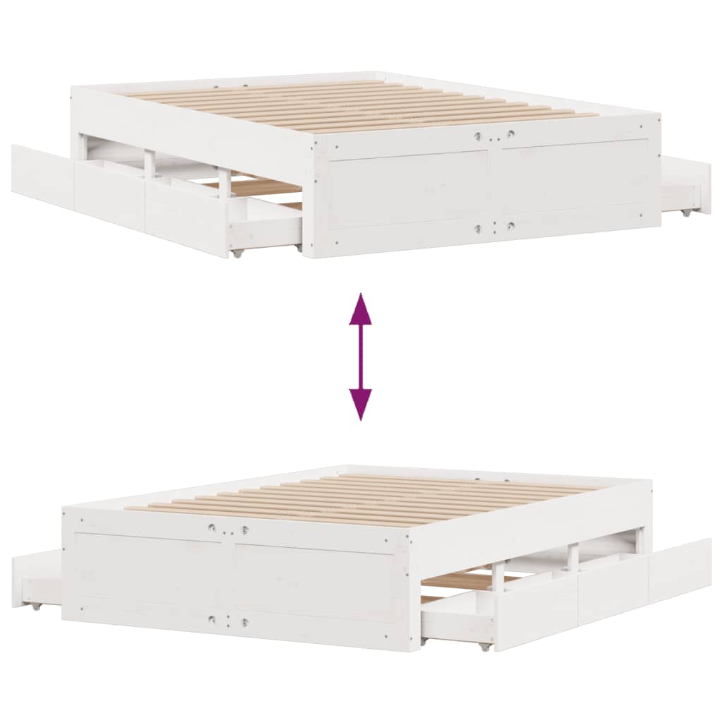 Bed Frame without Mattress with Drawers White 150x200 cm King Size Solid Wood Pine