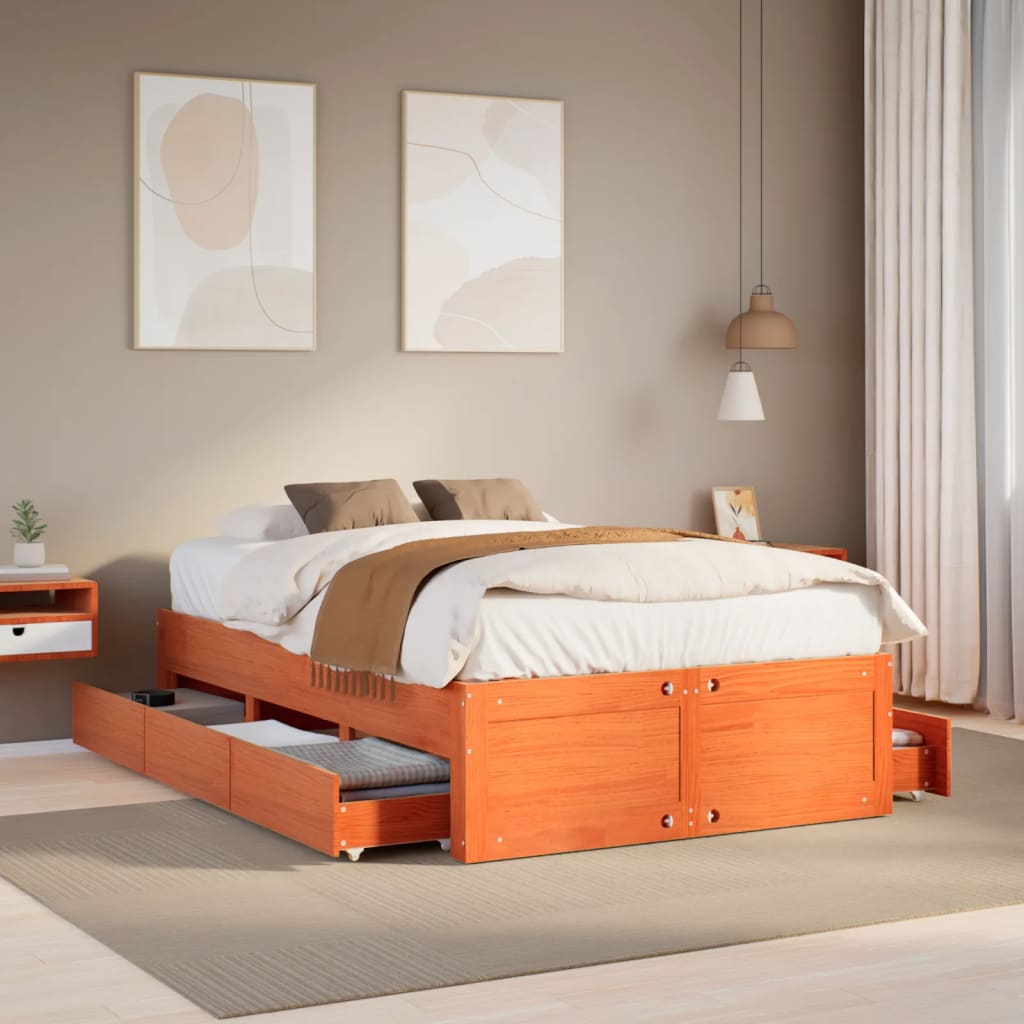 Bed Frame without Mattress with Drawers Wax Brown 135x190 cm Double Solid Wood Pine
