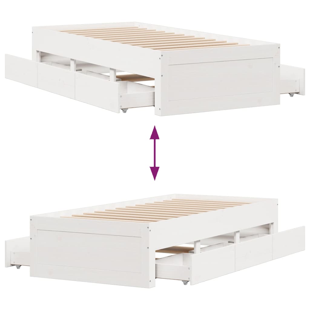 Bed Frame without Mattress with Drawers White 75x190 cm Small Single Solid Wood Pine