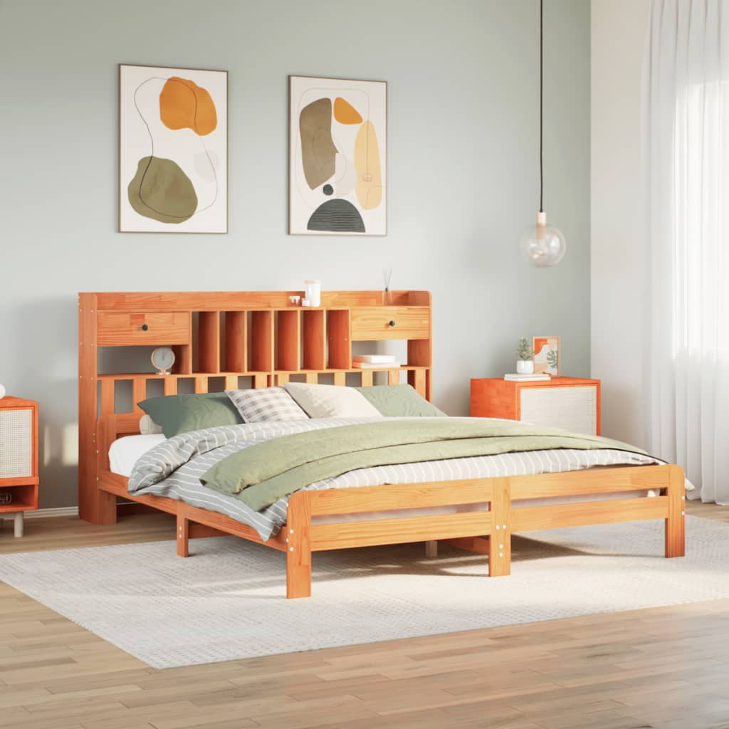Bookcase Bed without Mattress Wax Brown 200x200cm Solid Wood Pine