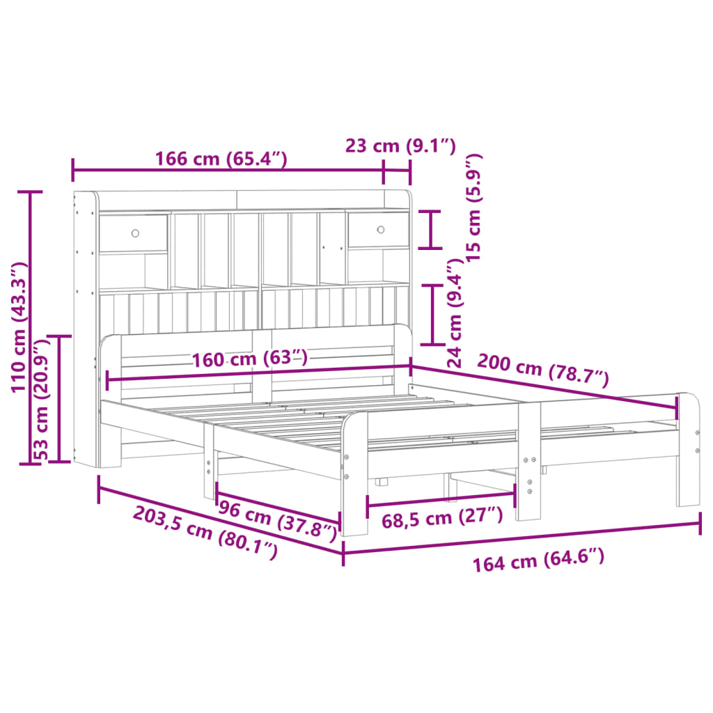 Bookcase Bed without Mattress White 160x200 cm Solid Wood Pine