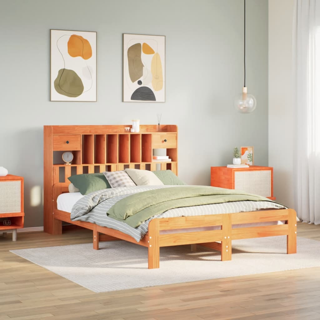 Bookcase Bed without Mattress Wax Brown 140x190cm Solid Wood Pine