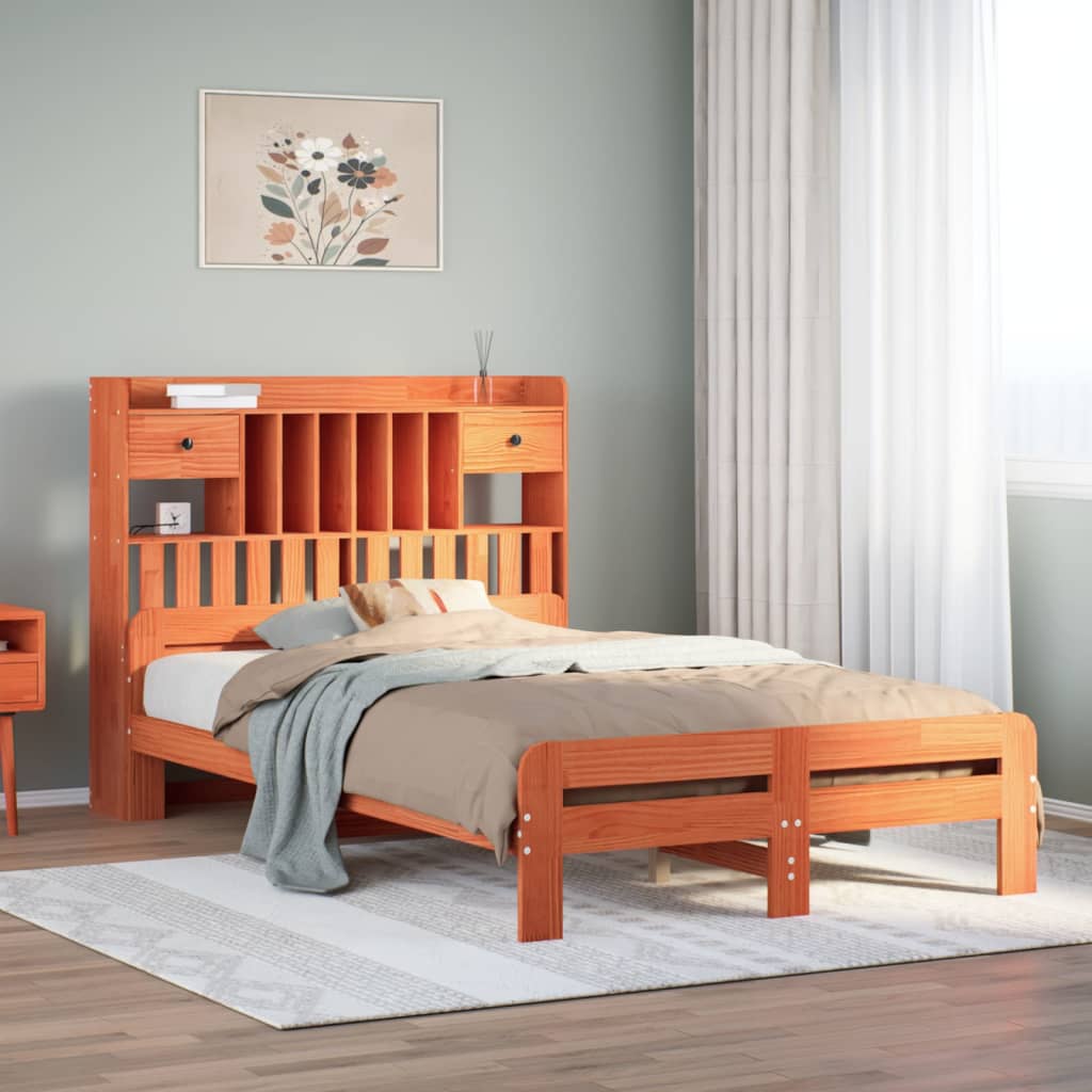 Bookcase Bed without Mattress Wax Brown 135x190 cm Double Solid Wood Pine