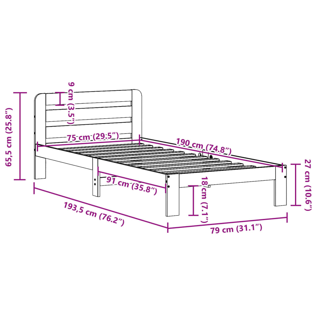Bed Frame without Mattress Wax Brown 75x190 cm Small Single Solid Wood Pine