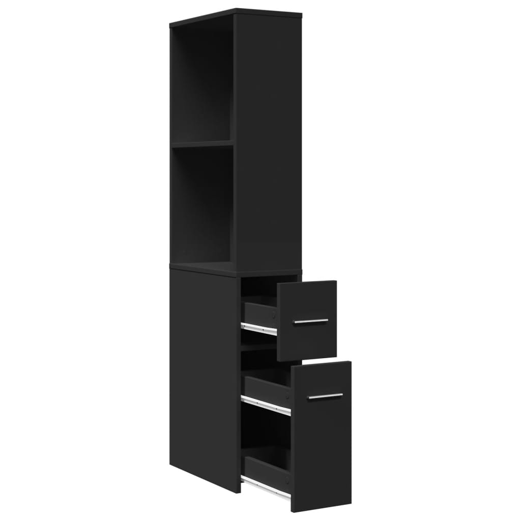 Narrow Bathroom Cupboard with Wheels Black Engineered Wood