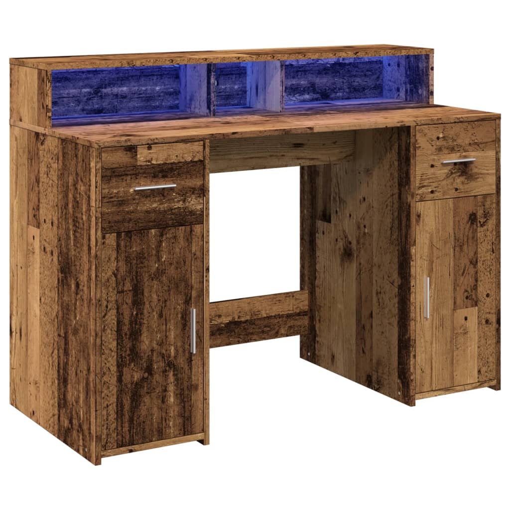 Modern Wooden Home Office Computer Table With Monitor Stand LED Lights & Storage