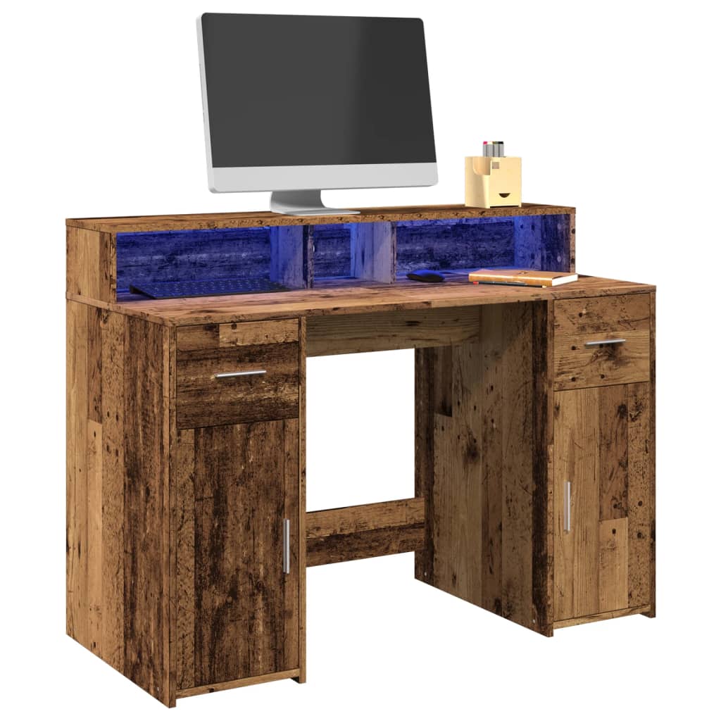 Modern Wooden Home Office Computer Table With Monitor Stand LED Lights & Storage