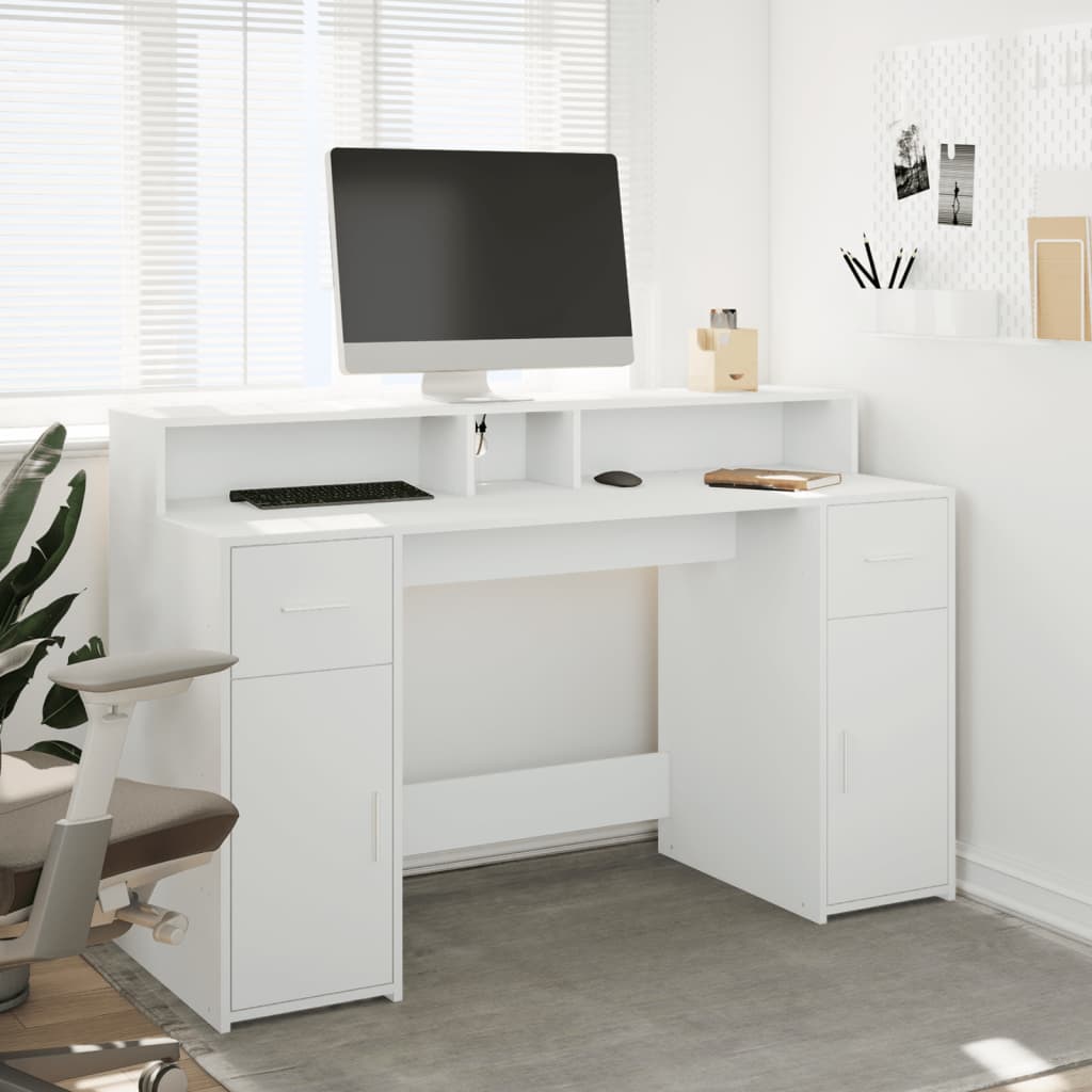 Modern Wooden 140cm Home Office Computer Desk Table With LED Lights Monitor Stand