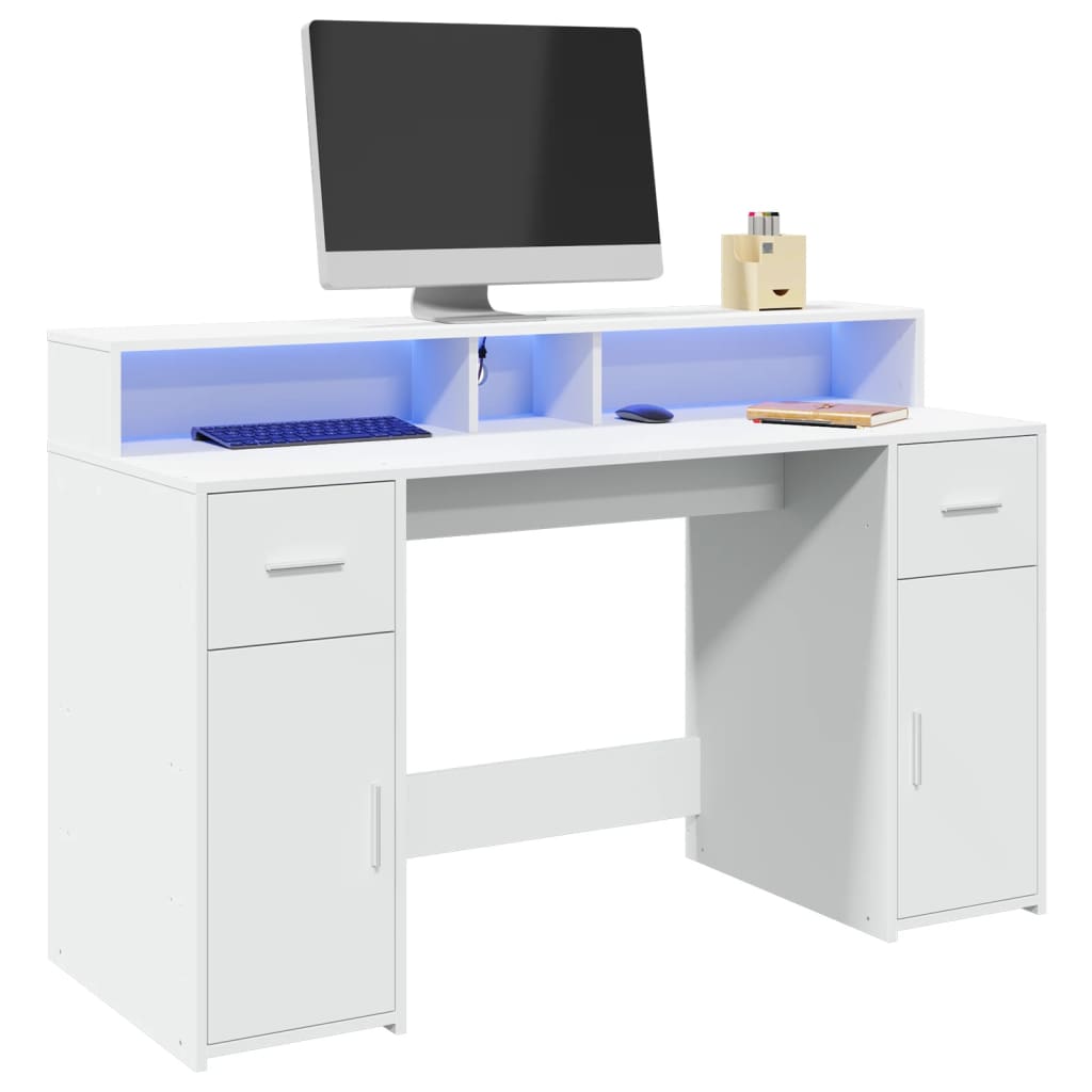Modern Wooden 140cm Home Office Computer Desk Table With LED Lights Monitor Stand