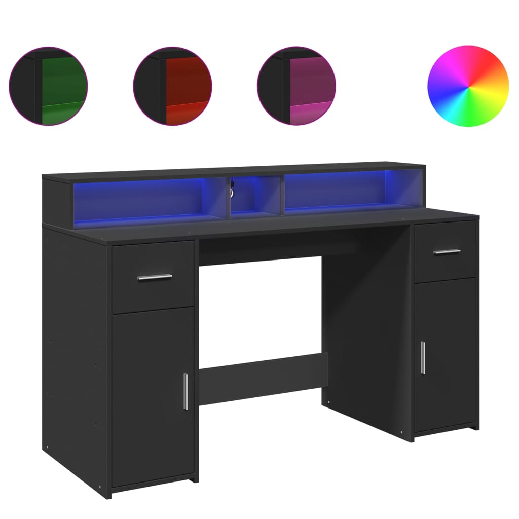 Modern Wooden 140cm Home Office Computer Desk Table With LED Lights Monitor Stand