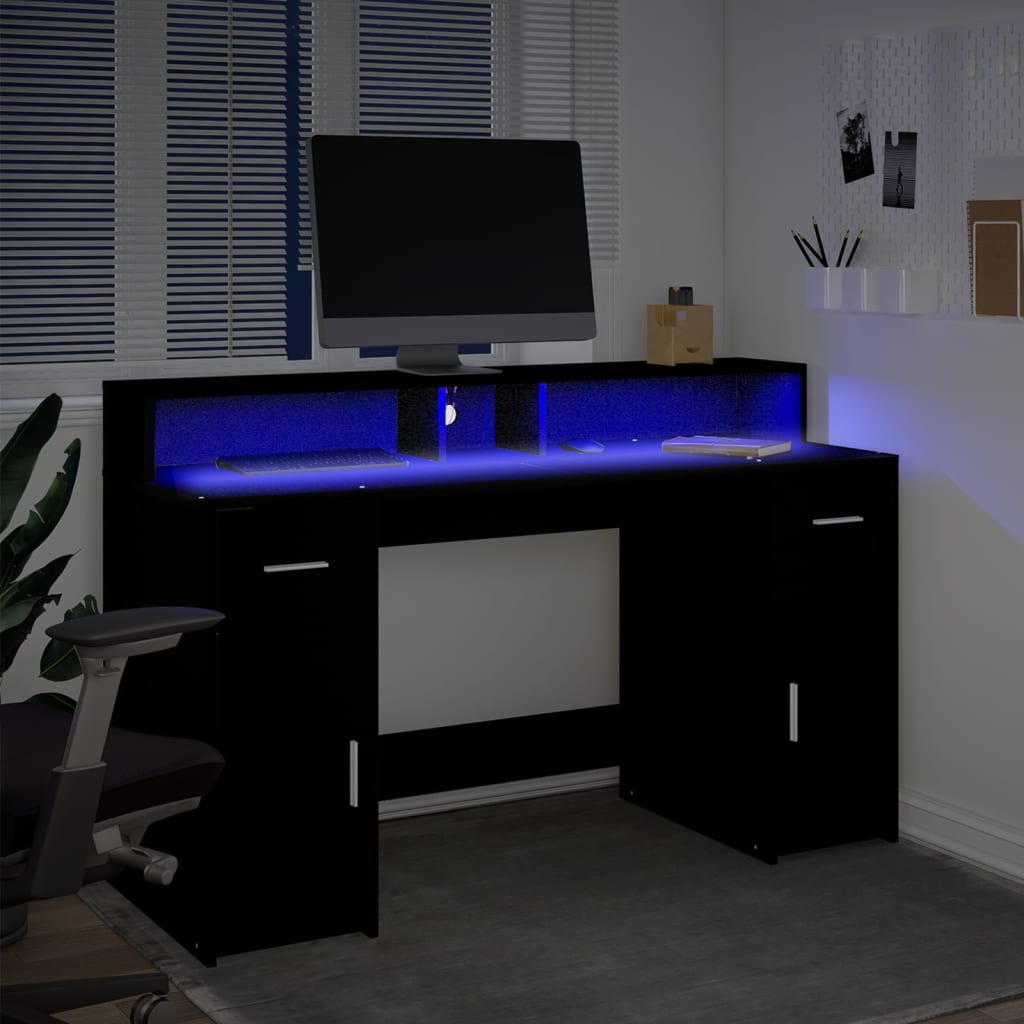 Modern Wooden 140cm Home Office Computer Desk Table With LED Lights Monitor Stand