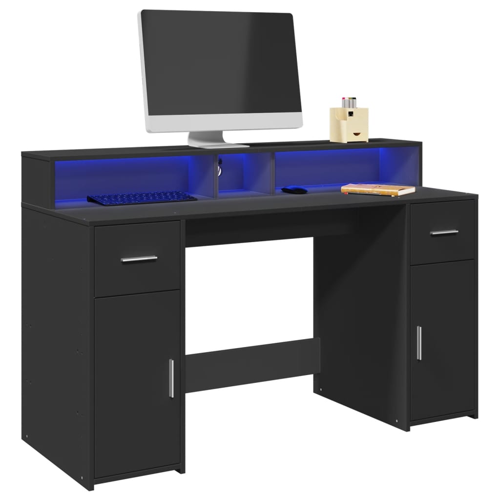Modern Wooden 140cm Home Office Computer Desk Table With LED Lights Monitor Stand