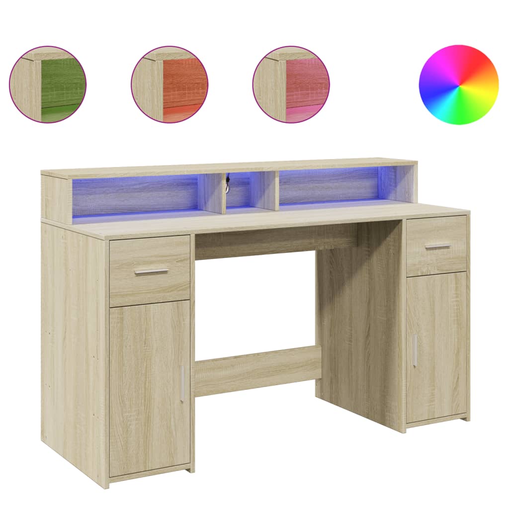 Modern Wooden 140cm Home Office Computer Desk Table With LED Lights Monitor Stand