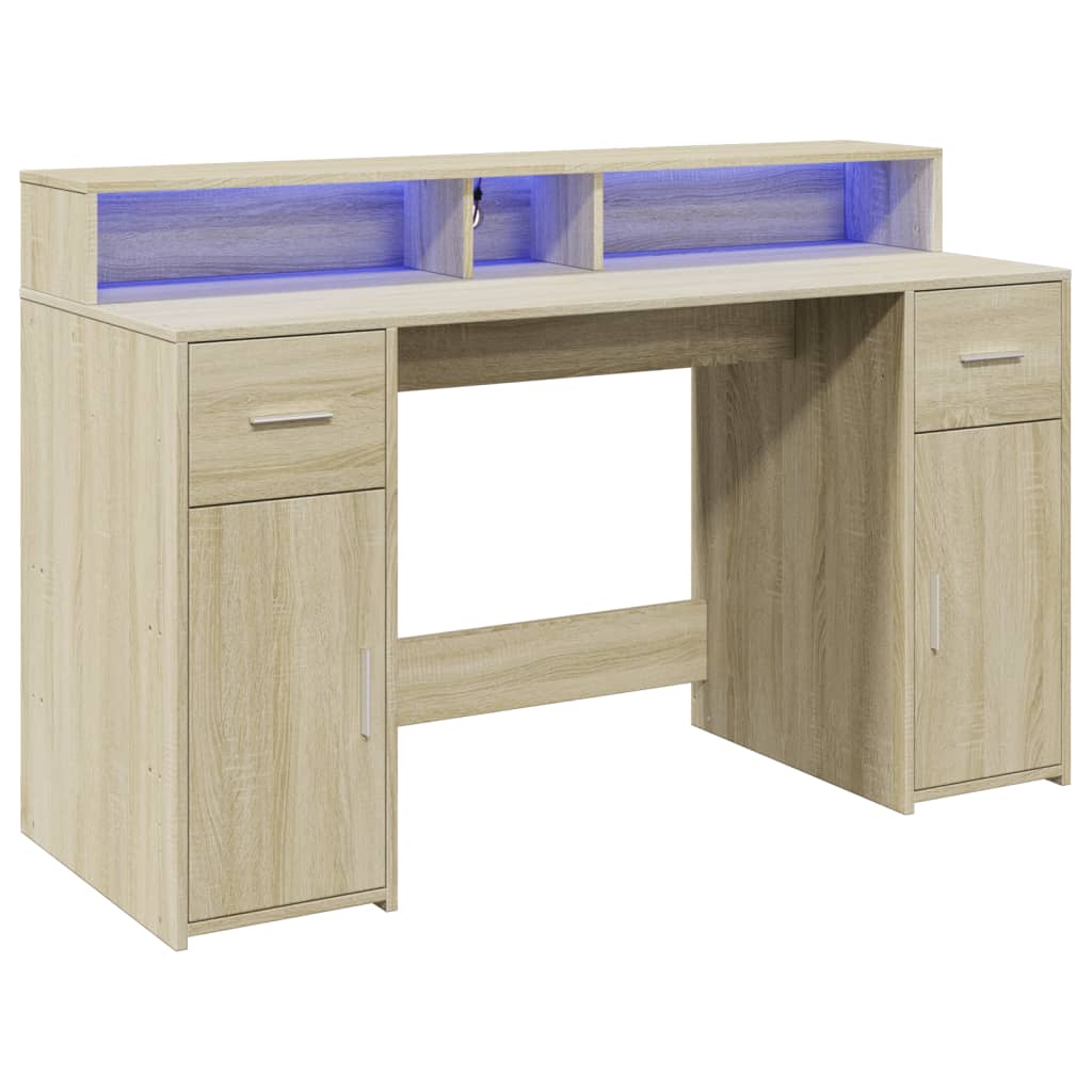 Modern Wooden 140cm Home Office Computer Desk Table With LED Lights Monitor Stand