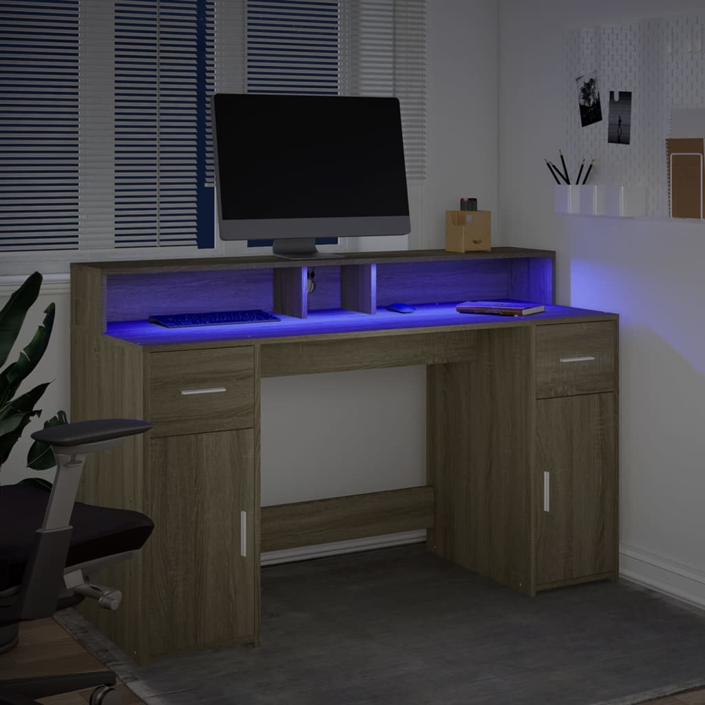 Modern Wooden 140cm Home Office Computer Desk Table With LED Lights Monitor Stand