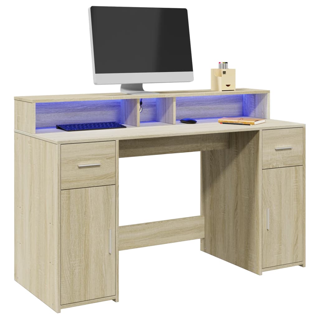 Modern Wooden 140cm Home Office Computer Desk Table With LED Lights Monitor Stand