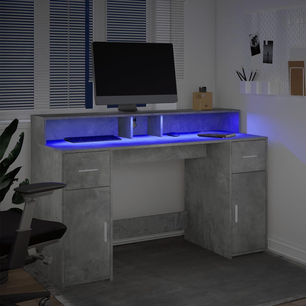 Modern Wooden 140cm Home Office Computer Desk Table With LED Lights Monitor Stand