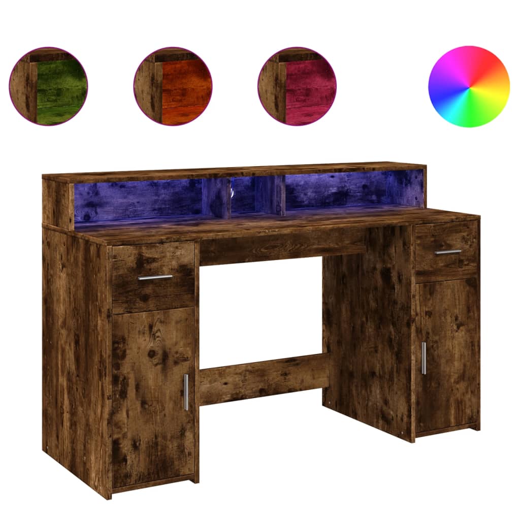 Modern Wooden 140cm Home Office Computer Desk Table With LED Lights Monitor Stand