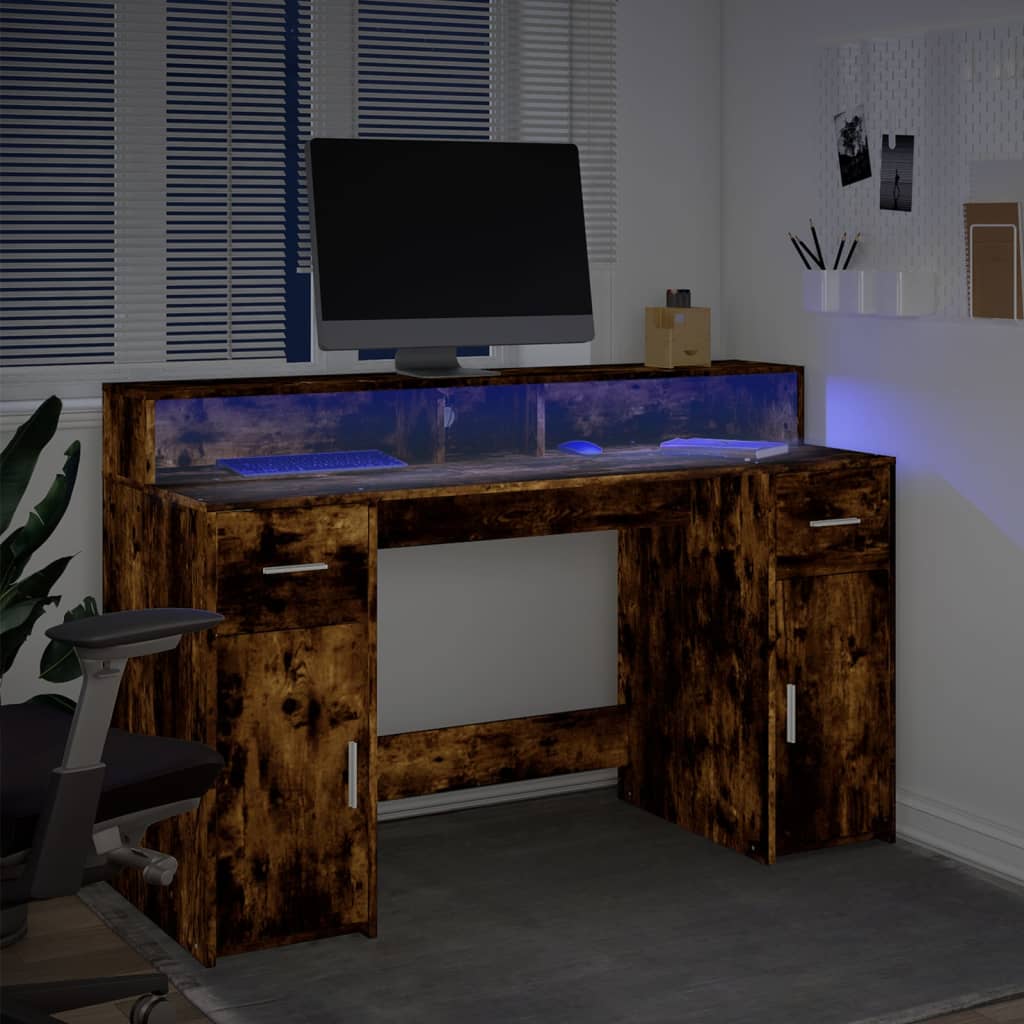 Modern Wooden 140cm Home Office Computer Desk Table With LED Lights Monitor Stand