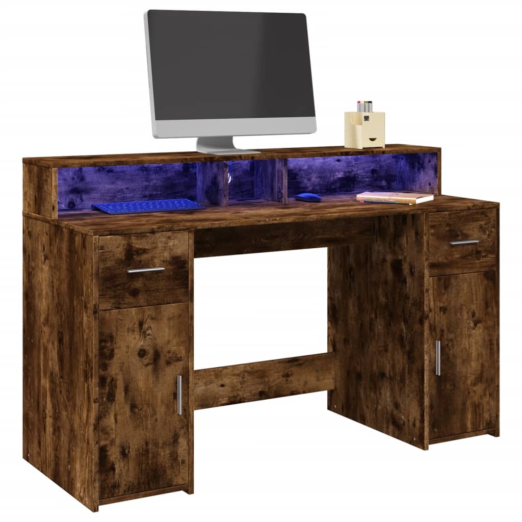 Modern Wooden 140cm Home Office Computer Desk Table With LED Lights Monitor Stand