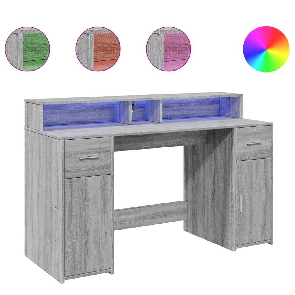 Modern Wooden 140cm Home Office Computer Desk Table With LED Lights Monitor Stand