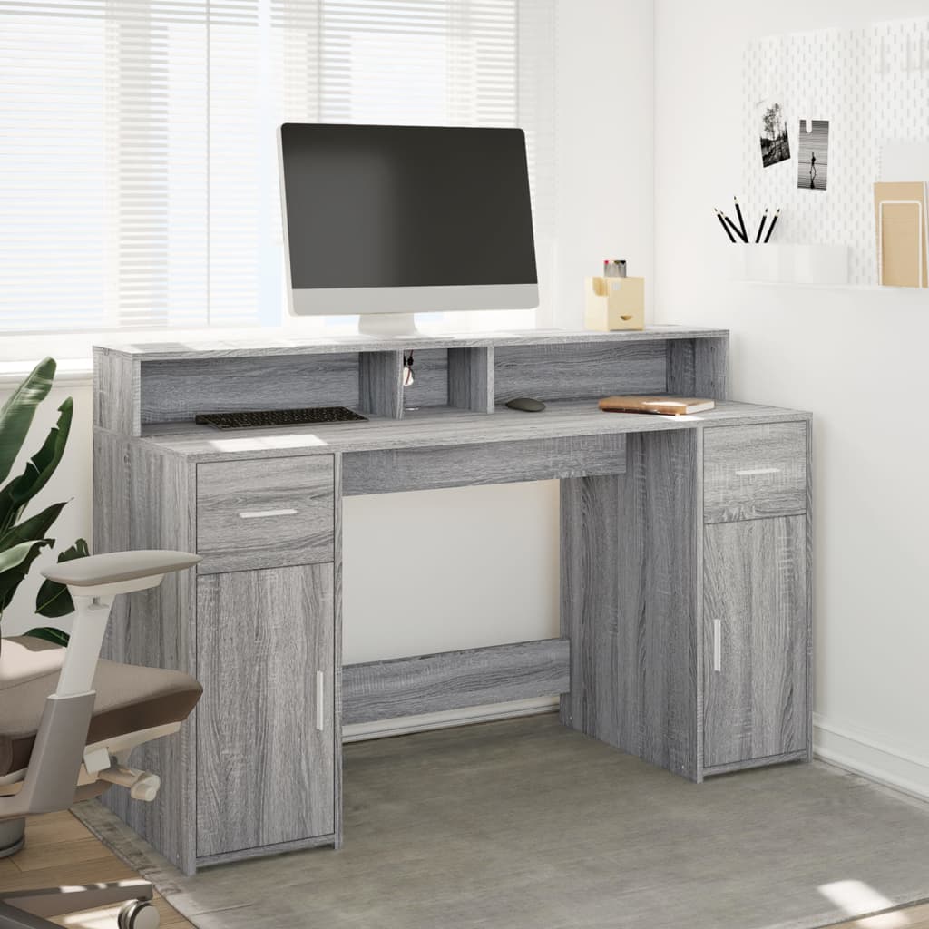 Modern Wooden 140cm Home Office Computer Desk Table With LED Lights Monitor Stand