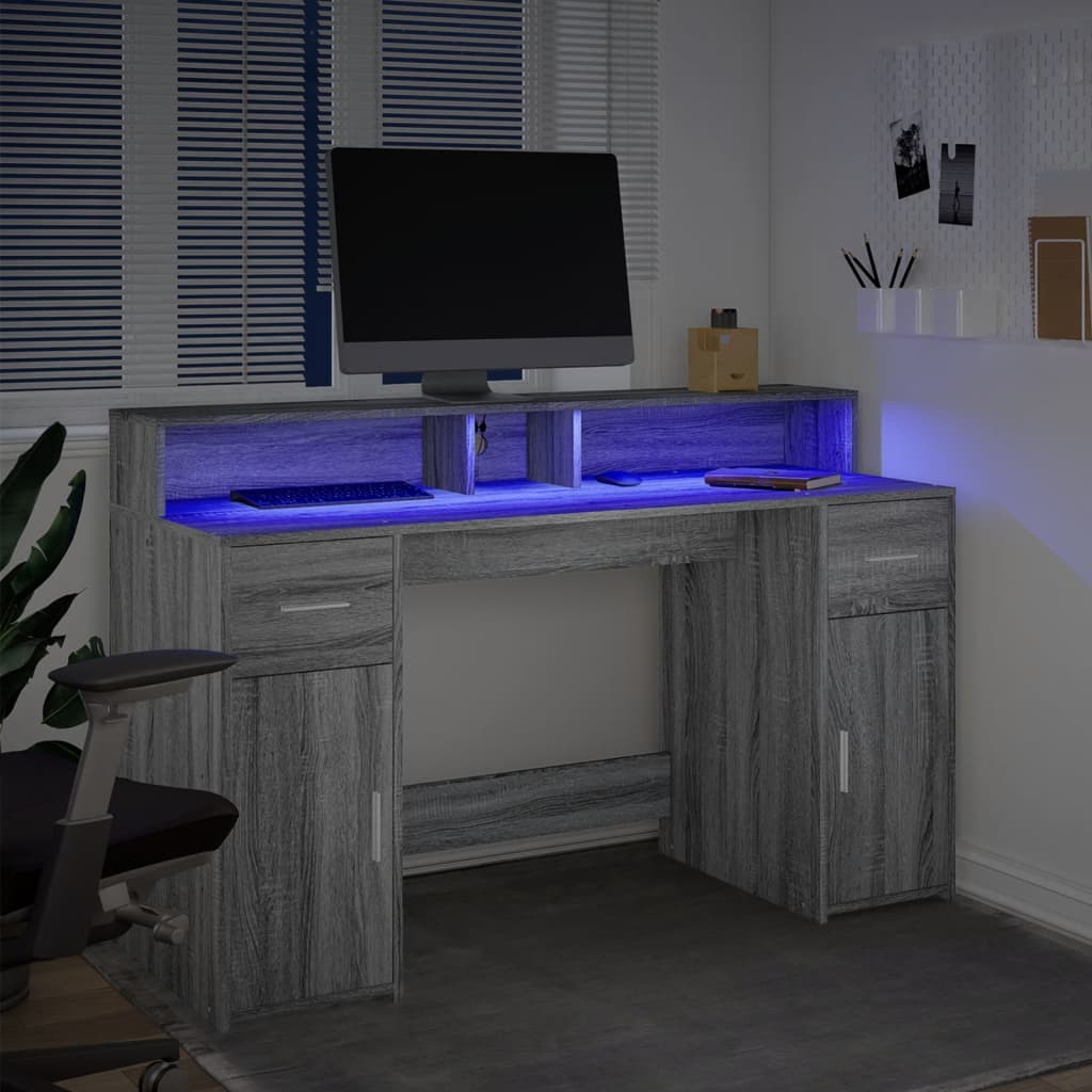 Modern Wooden 140cm Home Office Computer Desk Table With LED Lights Monitor Stand