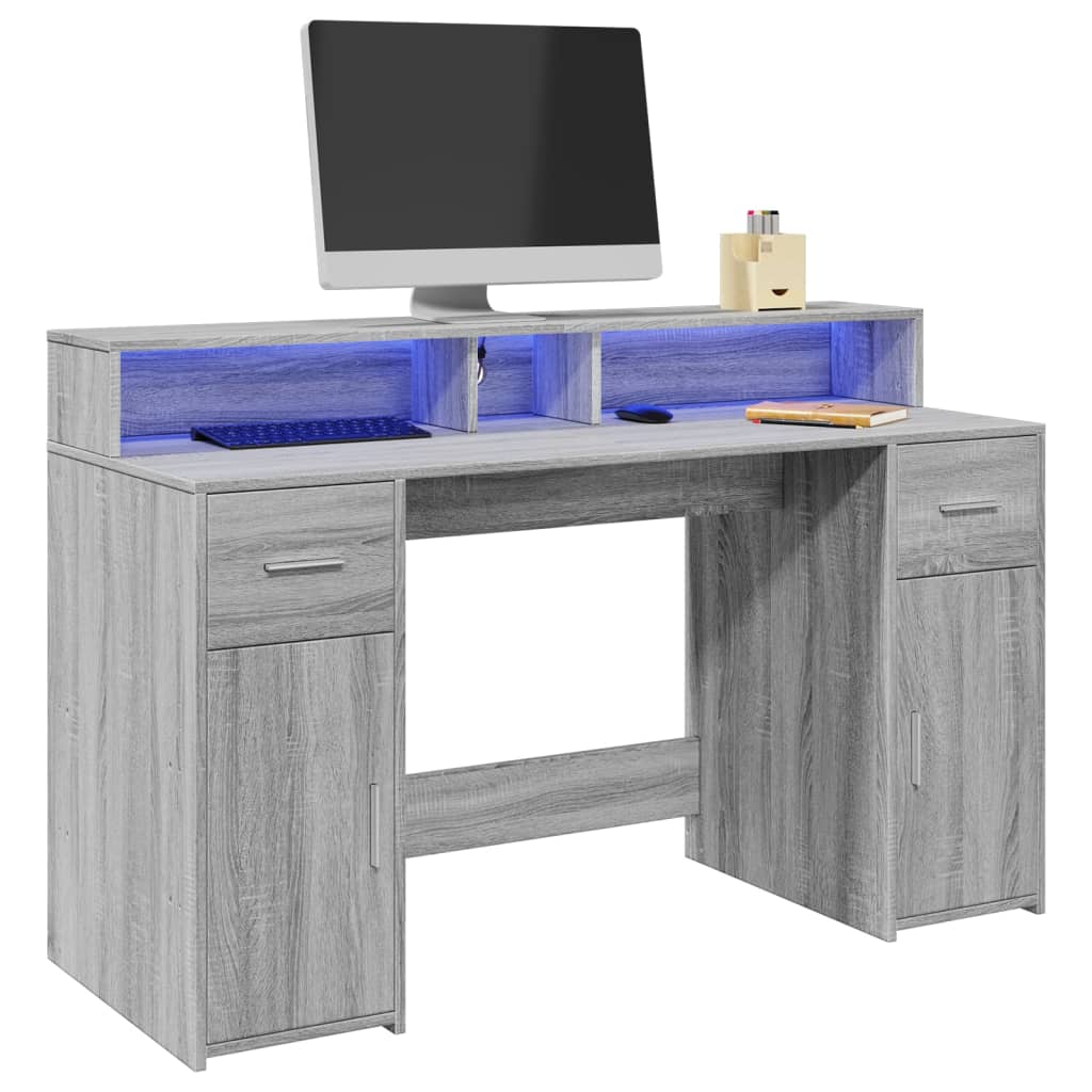 Modern Wooden 140cm Home Office Computer Desk Table With LED Lights Monitor Stand