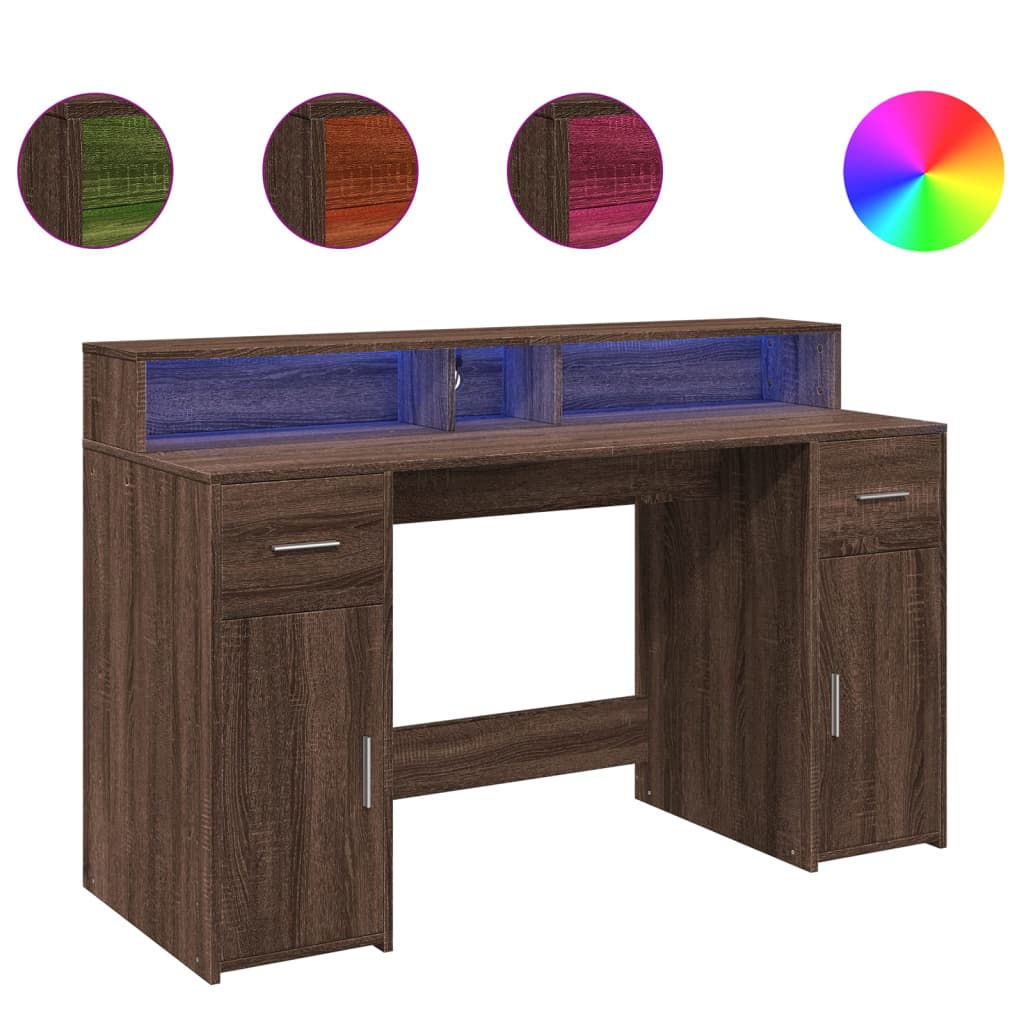 Modern Wooden 140cm Home Office Computer Desk Table With LED Lights Monitor Stand