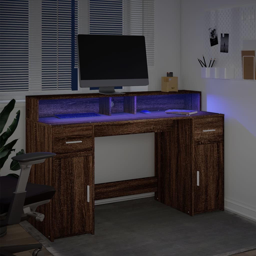 Modern Wooden 140cm Home Office Computer Desk Table With LED Lights Monitor Stand
