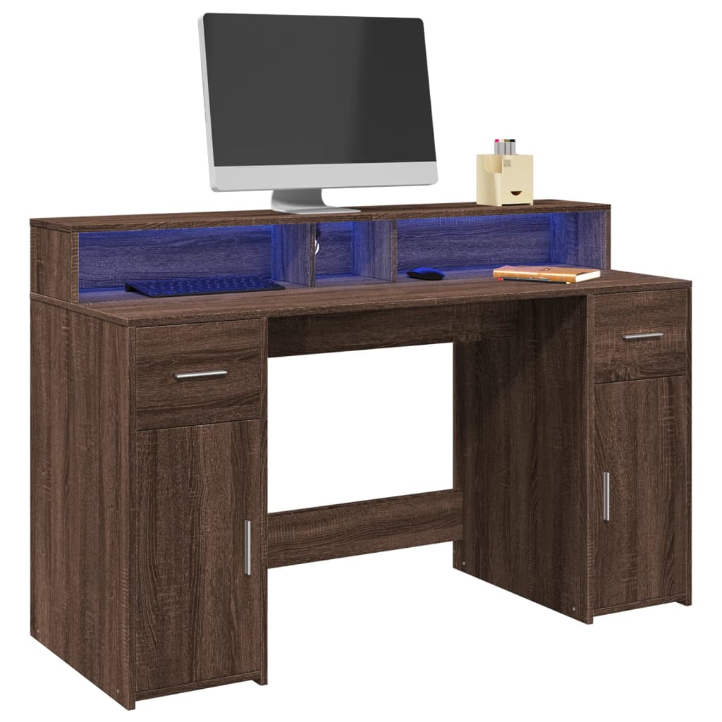 Modern Wooden 140cm Home Office Computer Desk Table With LED Lights Monitor Stand