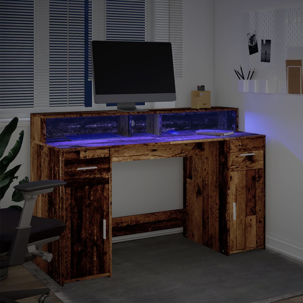 Modern Wooden 140cm Home Office Computer Desk Table With LED Lights Monitor Stand