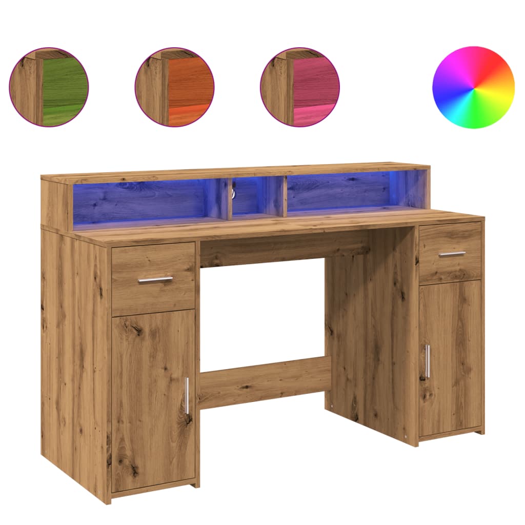 Modern Wooden 140cm Home Office Computer Desk Table With LED Lights Monitor Stand