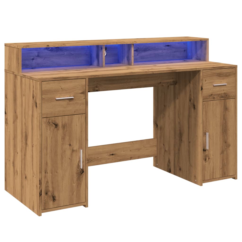 Modern Wooden 140cm Home Office Computer Desk Table With LED Lights Monitor Stand