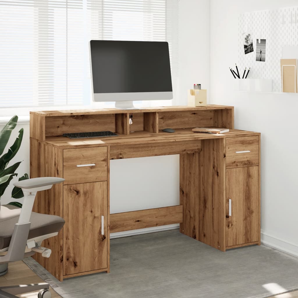 Modern Wooden 140cm Home Office Computer Desk Table With LED Lights Monitor Stand