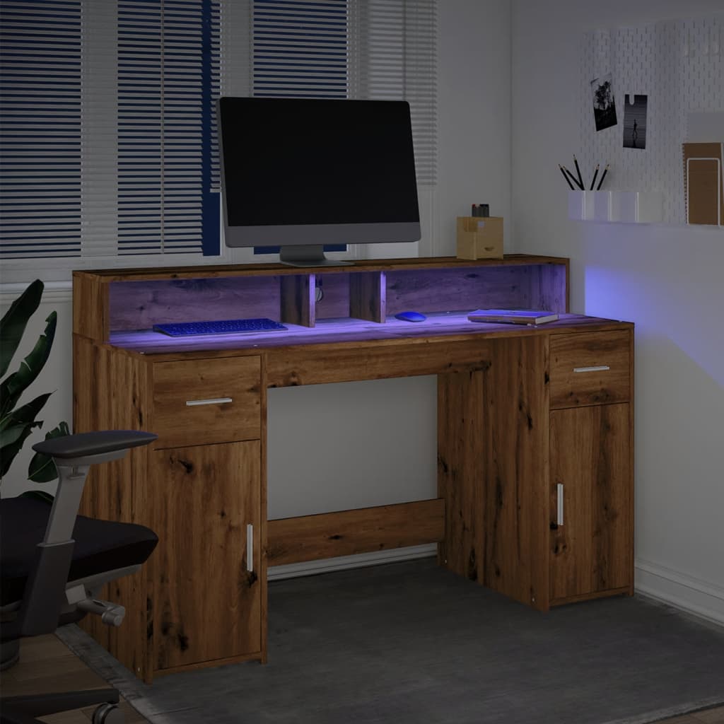 Modern Wooden 140cm Home Office Computer Desk Table With LED Lights Monitor Stand