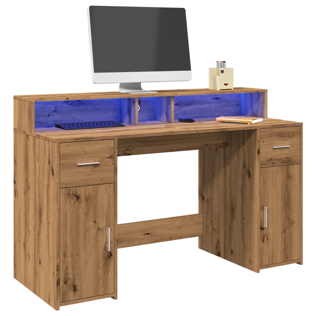Modern Wooden 140cm Home Office Computer Desk Table With LED Lights Monitor Stand
