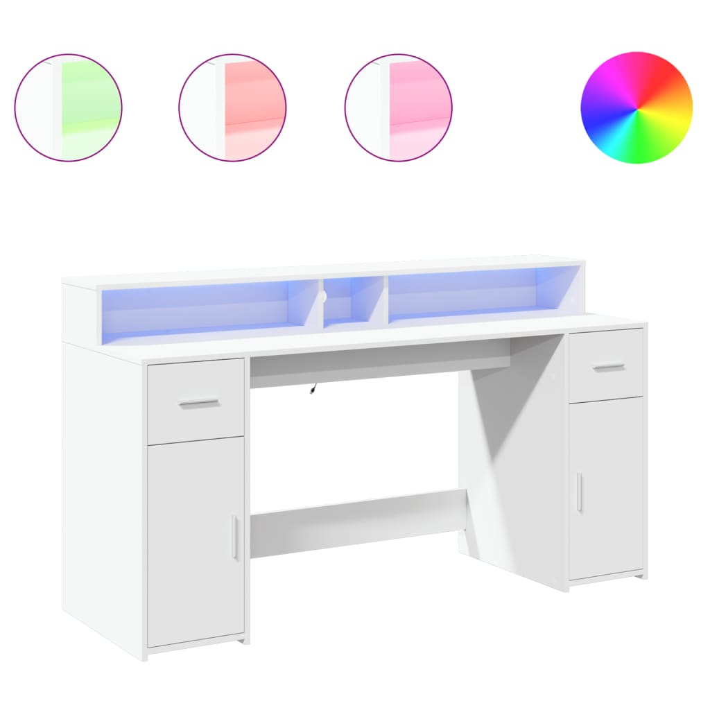 Modern Wooden 160cm Home Office Computer Desk Table With LED Lights & Storage