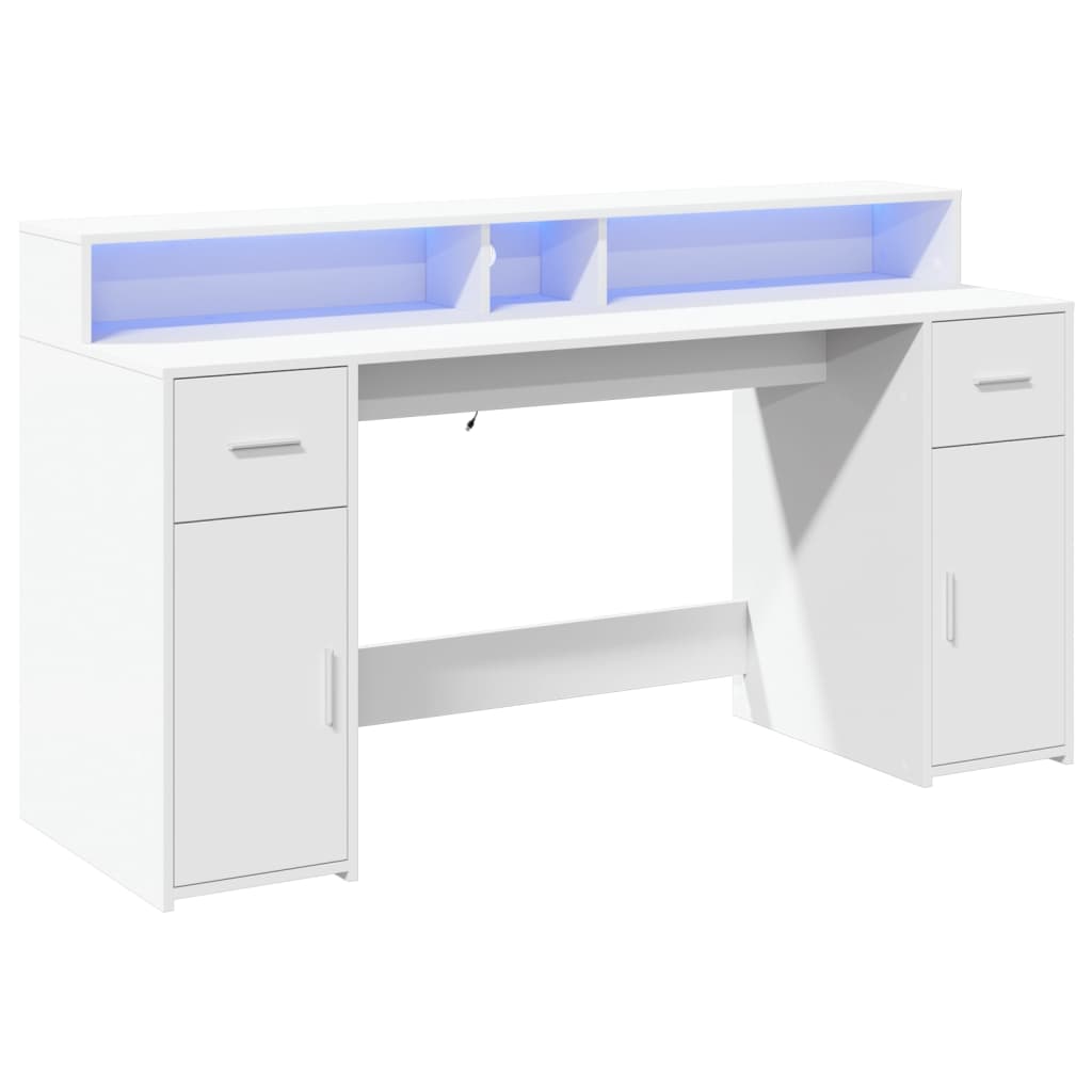 Modern Wooden 160cm Home Office Computer Desk Table With LED Lights & Storage