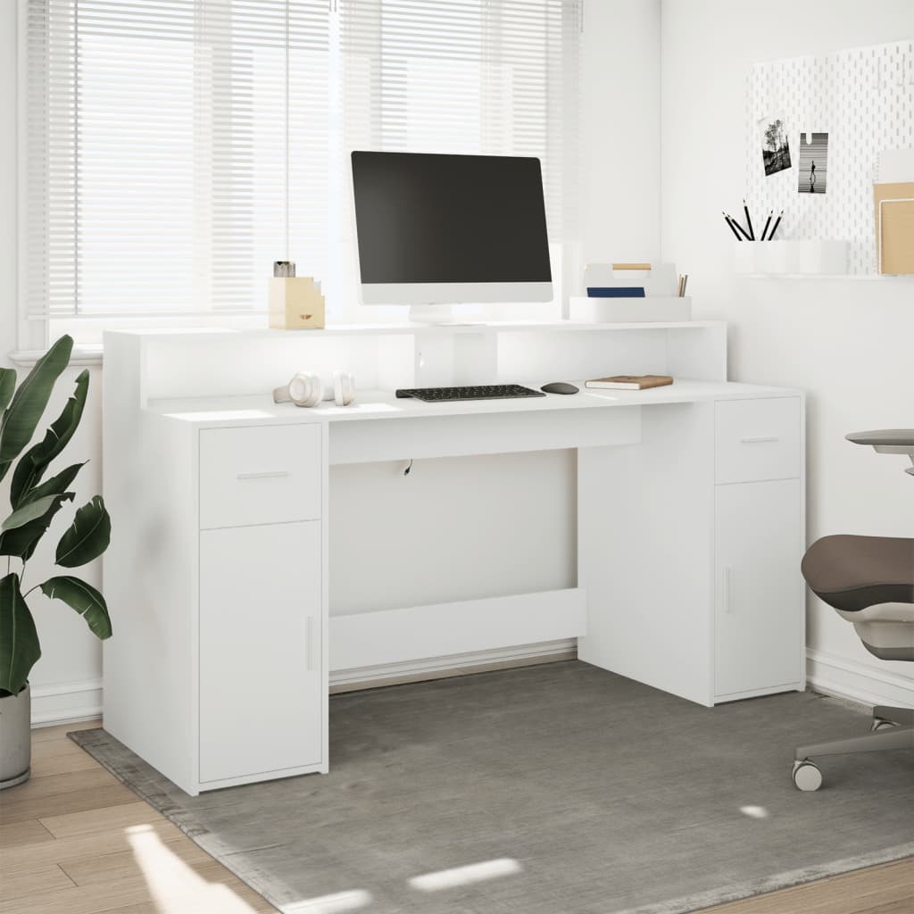 Modern Wooden 160cm Home Office Computer Desk Table With LED Lights & Storage